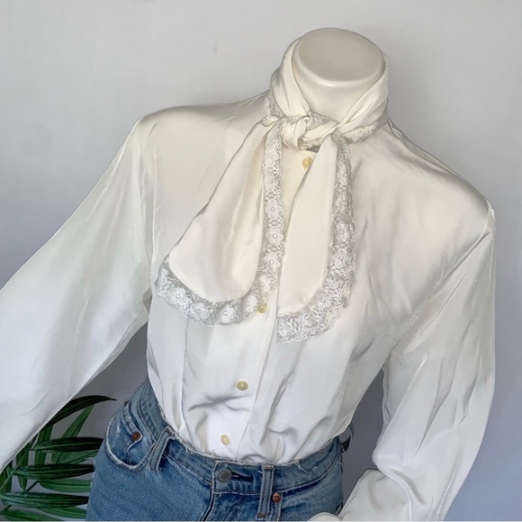 v i n t a g e :: Victorian Lace High Draped Neck Tie Blouse - Picture 11 of 11